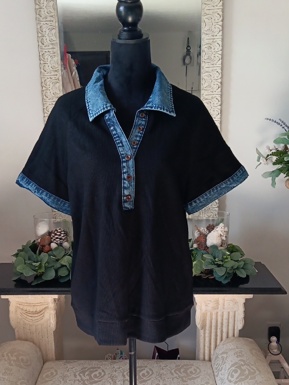 A Comfy Women's Black Short-Sleeve Shirt with Denim Trim